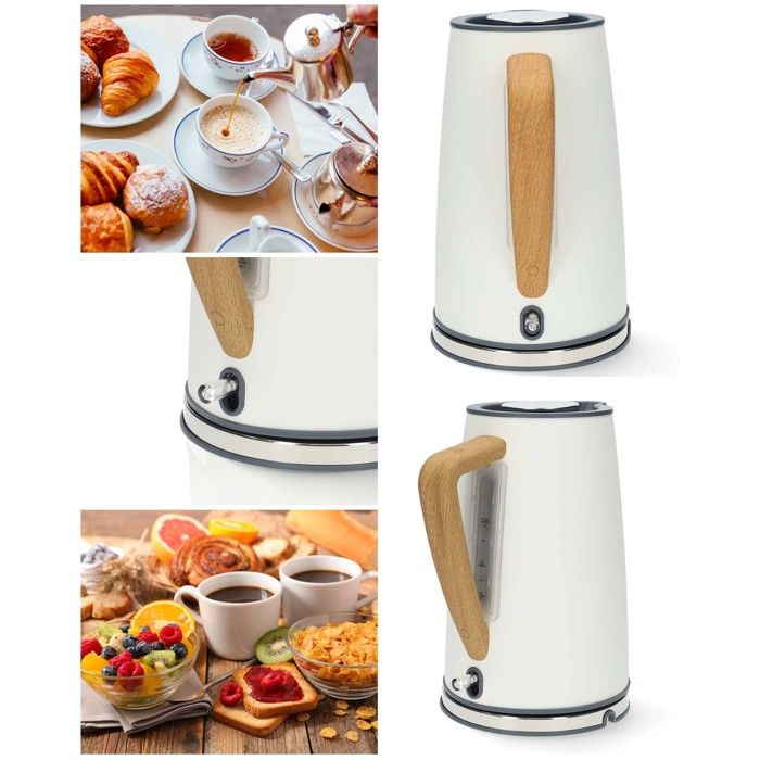 Bouilloire électrique Vintage Blanche 1.7 L – 2200 W – Acier inoxydable effet bois – Sans fil base 360° - Sécurité anti-surchauffe