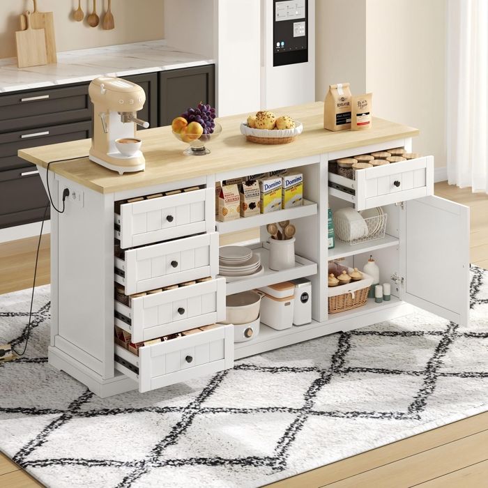 Buffet Cuisine de Rangement avec Plateau de Table Pliable îlot de Cuisine avec 5 Tiroirs 2 étagères Coulissantes 150×65×75cm Blanc