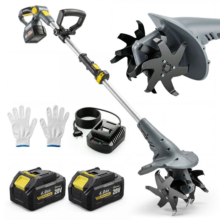 Motobineuse sans fil - motoculteur électrique - Outsunny - 18V 355W 2 batteries 40Ah léger et anti-mal de dos - largeur 20cm - gris