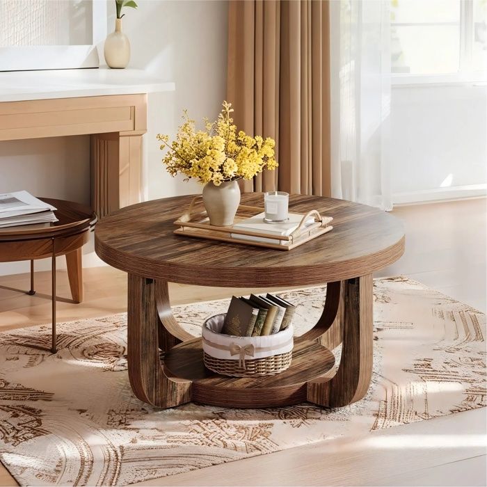 Table basse ronde- 80 × 43 cm - moderne à 2 niveaux - en bois pour salon -Marron