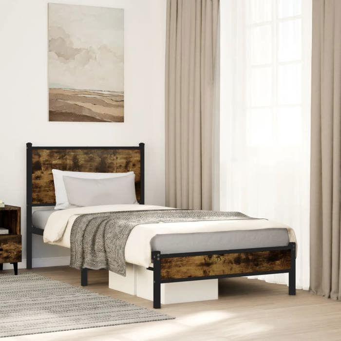 Brun Cadre de Lit pour 90x190cm Magnifique Lit simple en métal - sans matelas - chêne fumé 90x190cm CL7862707