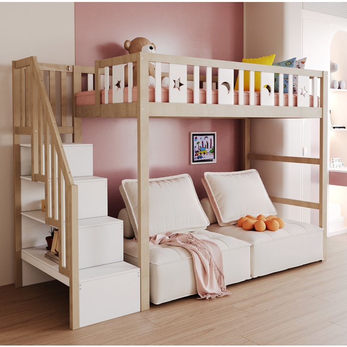Lit mezzanine enfant en bois massif avec escalier de rangement