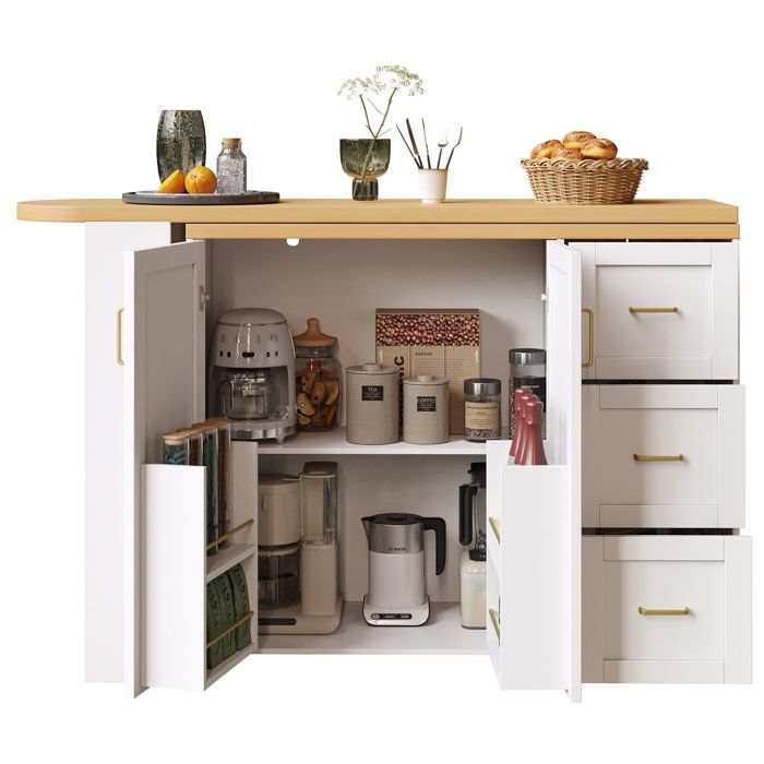 VLIVRA Meuble bar avec 2 portes 3 tiroirs plateau extensible et roulettes - pour cuisine - 135-228×39×104 cm - blanc