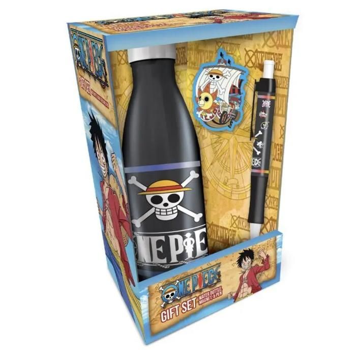 Ensemble cadeau - PYRAMID - One Piece - Noir - Bouteille portefeuille et stylo + magnet - Emblèmes crâne Chapeau de paille