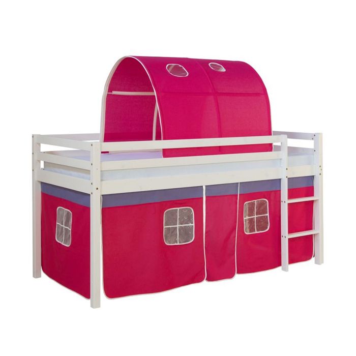 Lit mi-hauteur enfant - HOMESTYLE4U - 1482 - 90x200 - échelle et tunnel - rideau rouge