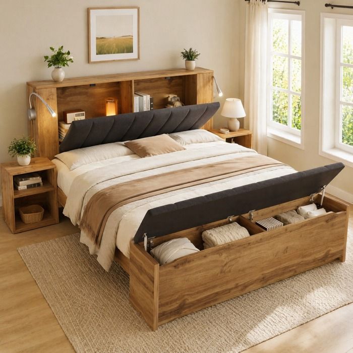 Lit Double 160 × 200 cm avec Sommier à Lattes Lampes de Lecture et USB - ELVMI - en Bois Chêne 160 × 200 cm