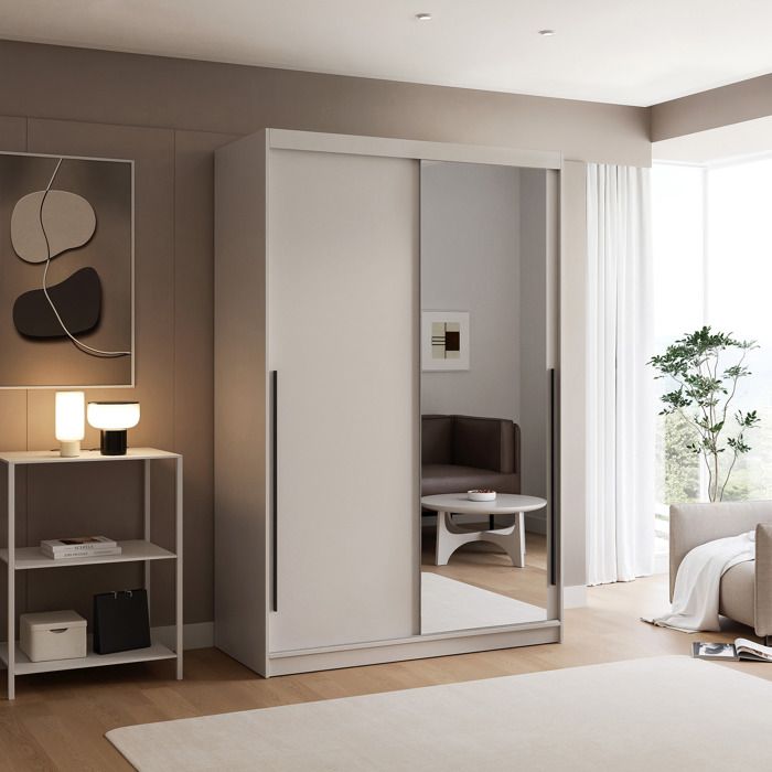 Armoire SILENTE 140 cm - avec miroir - LED - portes coulissantes - Cachemire