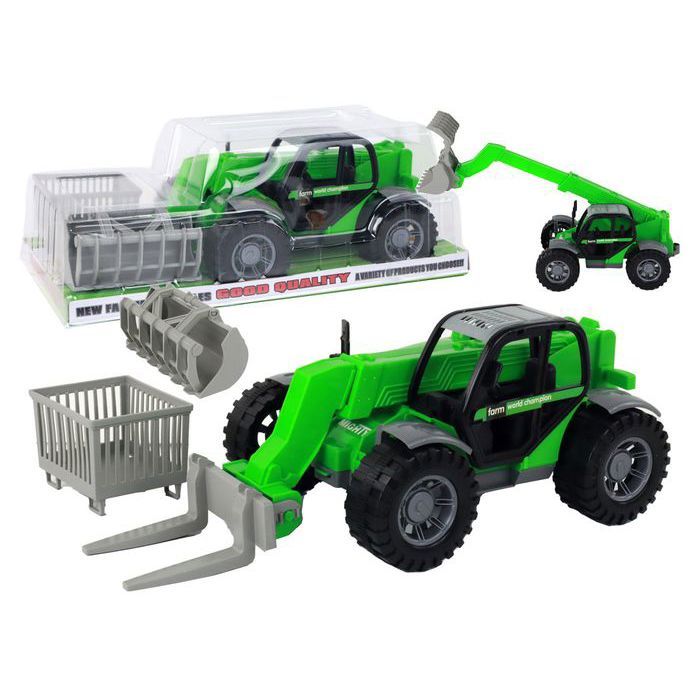 Jouet tracteur - LEAN TOYS - Tracteur agricole vert avec grue - Grue extensible - 3 accessoires - Propulsion par friction