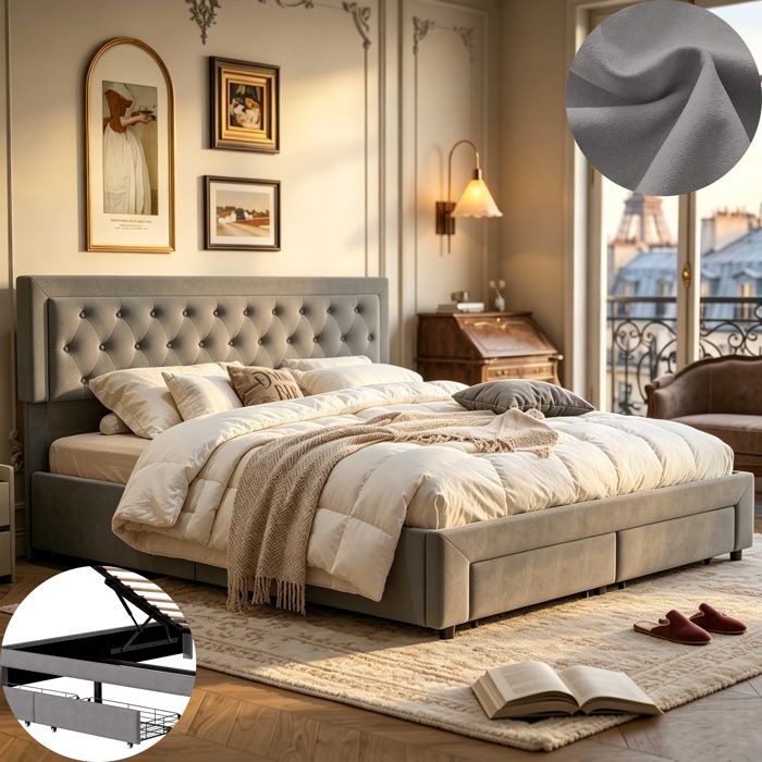 Lit coffre 180x200 cm avec sommier à lattes et 2 tiroirs lit 180x200 lit 2 places avec coffre de lit tissu en velours gris