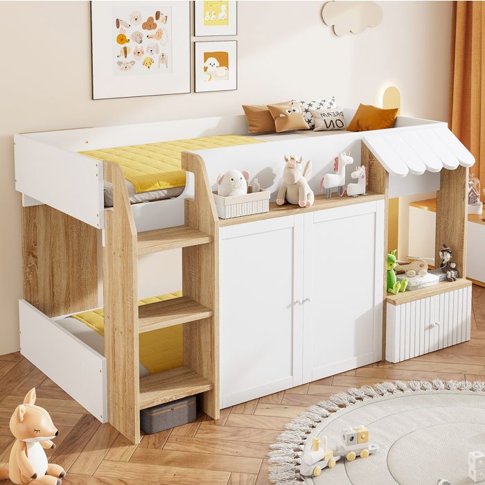 Lit Superposé Enfant 90x200 cm - 2 Portes - Espace de Rangement - Sommier Inclus - Blanc et Naturel