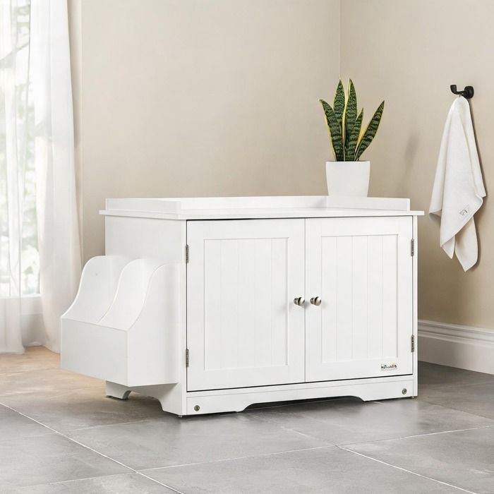 Meuble cache-litière rectangulaire en MDF blanc avec cloison réglable et portes magnétiques 86x48x52 cm