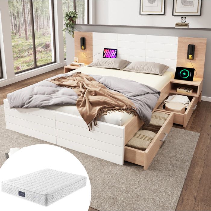 Lit Double 140 X 200 Cm Avec Matelas Sommier À Lattes 2 Tiroirs 2 Chevets Liseuses USB Blanc Chêne Clair Bois Massif MDF