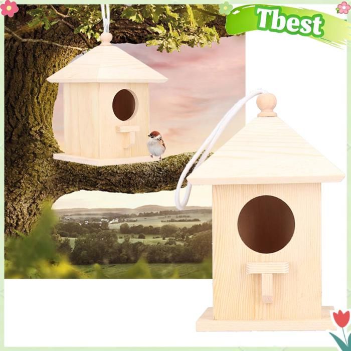 Tbest Maison à oiseaux en bois Nichoir à Oiseaux Rustique en Bois avec Corde Suspendue et Perchoir pour Petits animalerie hygiene