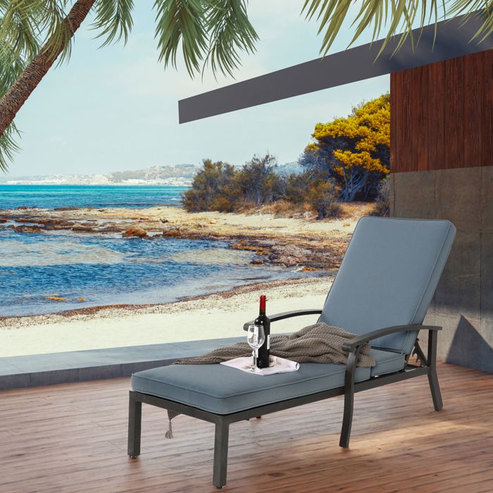 Chaise longue de patio - Aluminium antirouille - Coussin imperméable bleu - Dossier réglable 5 positions