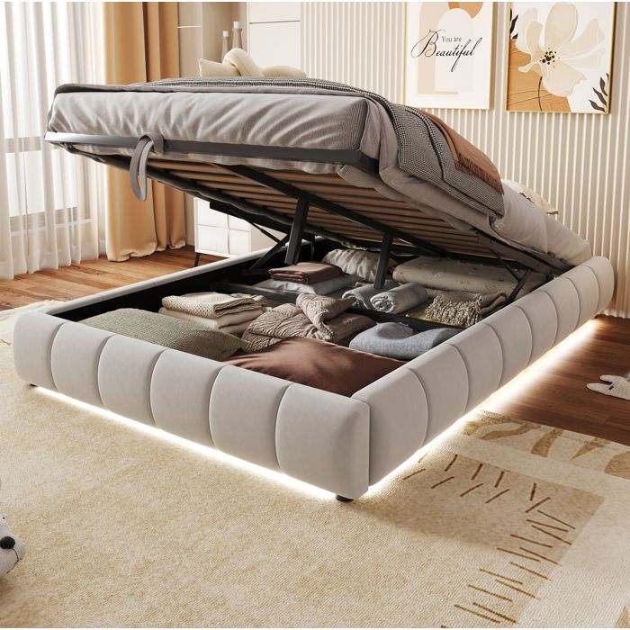 JOINERY lit adulte coffre rangement 140 x 200 cm hydraulique LED blanc sans tête de lit beige sommier à lattes métal stable