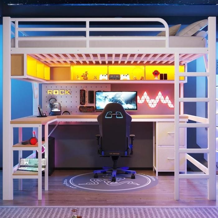 Lit mezzanine - KOMHTOM - Gaming - 140x200 cm - Bureau intégré - LED & USB Lit mezzanine - KOMHTOM - Gaming - 140x200 cm - Bureau intégré - LED & USB