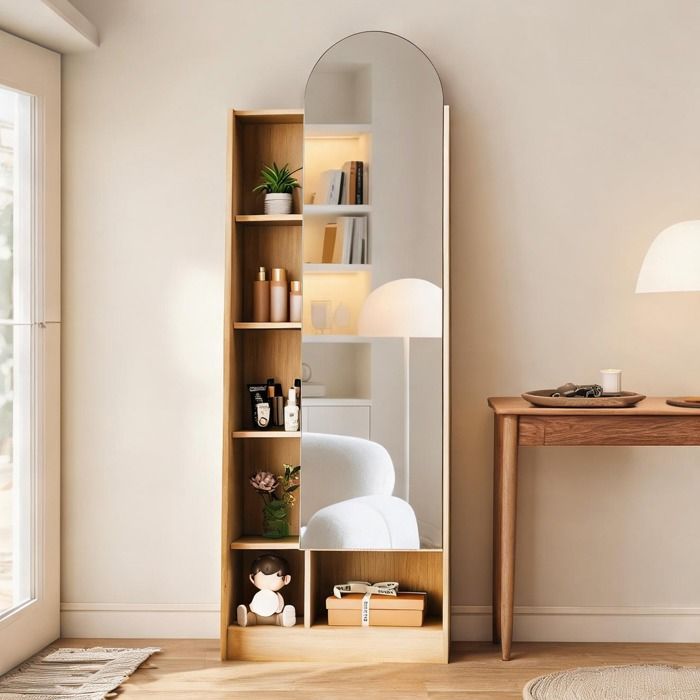 Armoire haute avec miroir pleine longueur et rangements ouverts en MDF finition bois clair naturel 165x60x28 cm