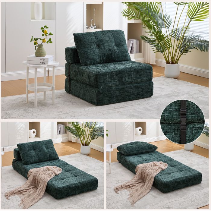 Canapé-lit pliable 1 place en chenille vert émeraude matelas de sol 79 x 180 cm avec coussins inclus