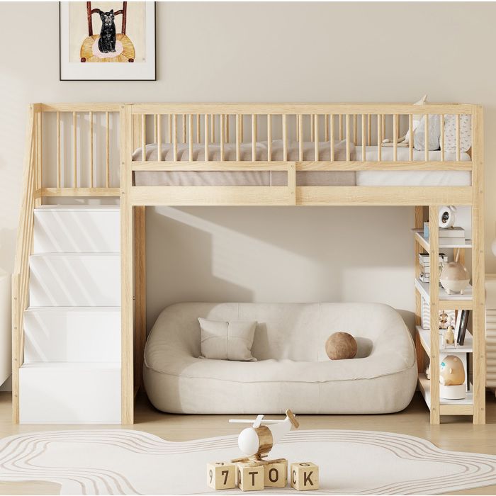 Lit mezzanine Enfant 90×200 cm avec escalier étagères et rangements - HAVRYA - sans matelas bois naturel et blanc