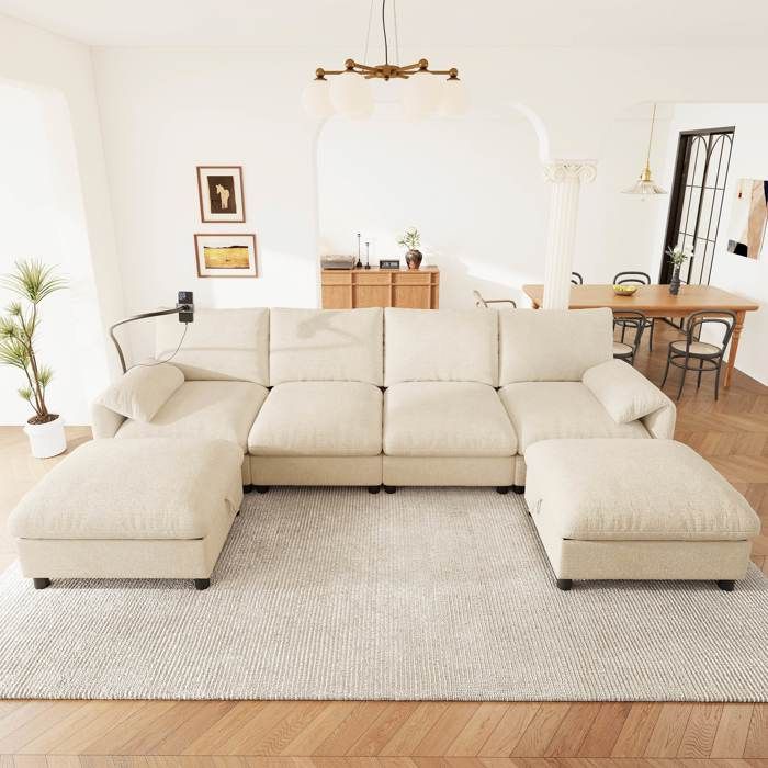 Canapé dangle modulable U/L 6 places 273 5 x 133 x 81 cm 2 poufs coffre USB/USB-C support de téléphone 360° Chenille Beige