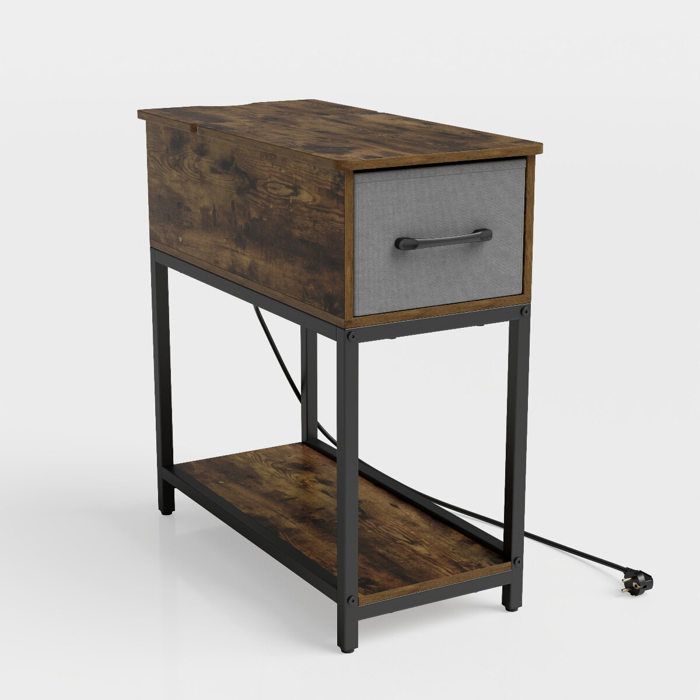 Télécommande incluse table de chevet étroite avec LED RGB et station de charge tiroir tissu étagère marron