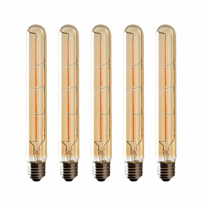 Ampoule LED tubulaire en verre ambré - LEESHEN - Lot de 5 - Modèle T225 - Filament Edison - Culot E27 - Blanc chaud