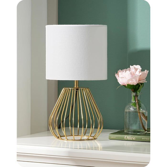 Lampe Table Industrielle Socle Métal Grille Blanc & Or Douille E14 Blanc Chaud 2700 K Abat-Jour en Lin Pied Métal Doré