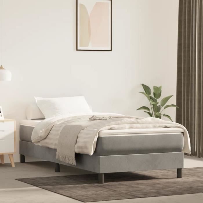 Sommier à ressorts - AKOZON - 90x190 cm - Velours gris clair - 1 place - Pieds inclus