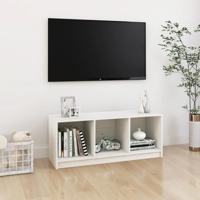 Petit Prix Meuble TV avec pieds en bois massif Blanc 69,5x30x50 cm