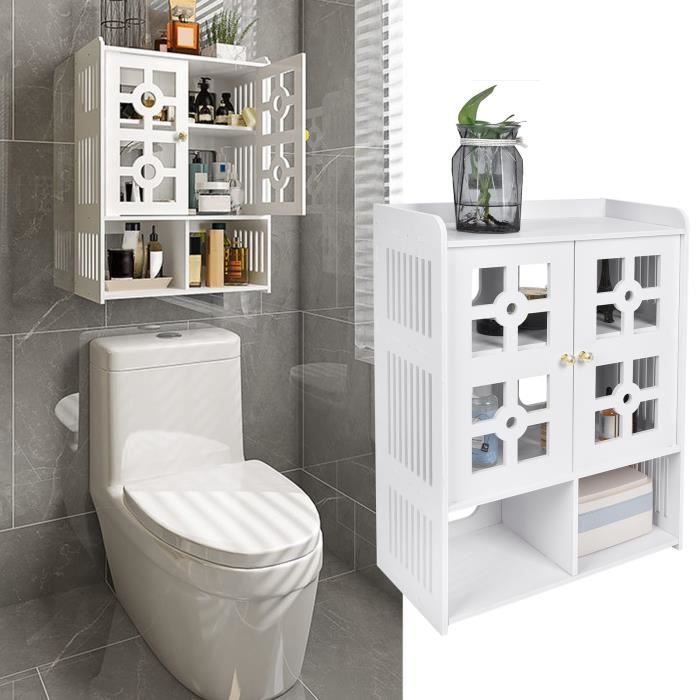 Armoire De Rangement Bambou Salle De Bain 3 Niveaux Avec Porte à Volet - Meuble Autonome Polyvalent Pour Cuisine Et Salon