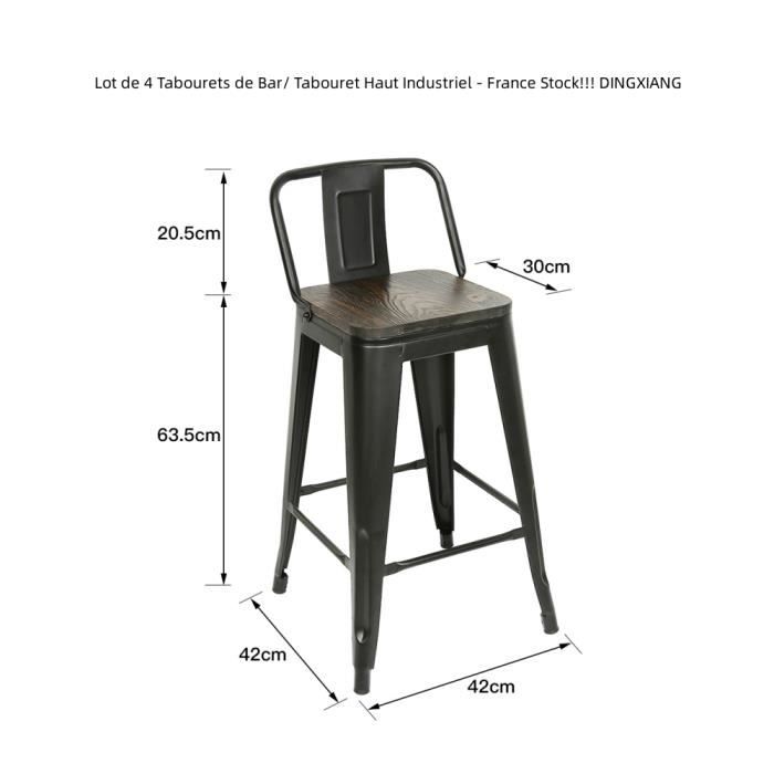 Lot de 4 Tabourets de Bar Industriel - DINGXIANG - Noir - 42x42x84cm - Capacité 150kg