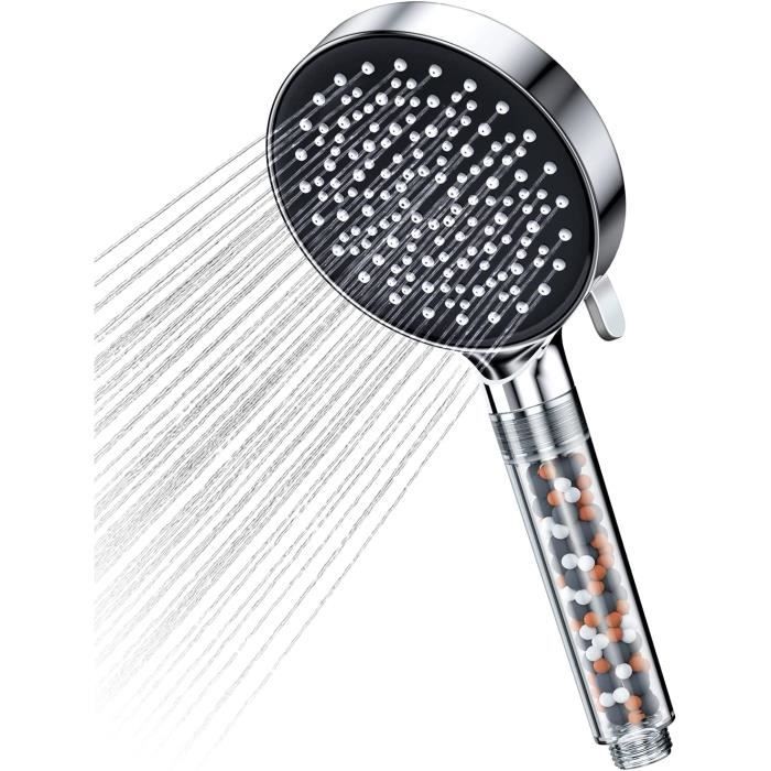 Pommeau De Douche Haute Pression - 6 Jets, Filtre Pierres/coton, Bouton Pause, Chromé