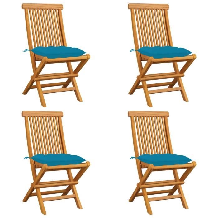 chaise d'extérieur - lot de 4 chaises avec coussins bleu clair - chaises de loisirs - teck massif - vintage