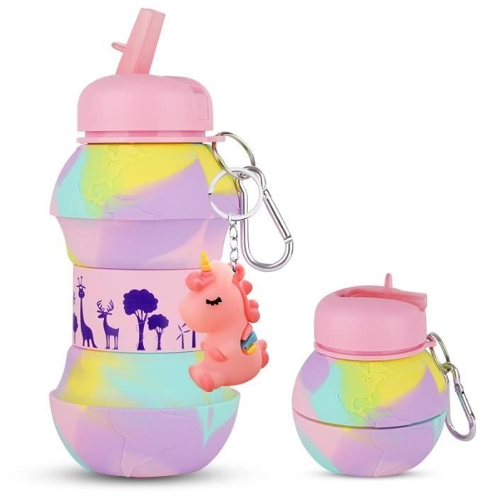 Gourde,Bouteille d'eau créative pliante en Silicone pour enfants, sans BPA,  Portable, avec joli pendentif, gourde - unicorn-550ML