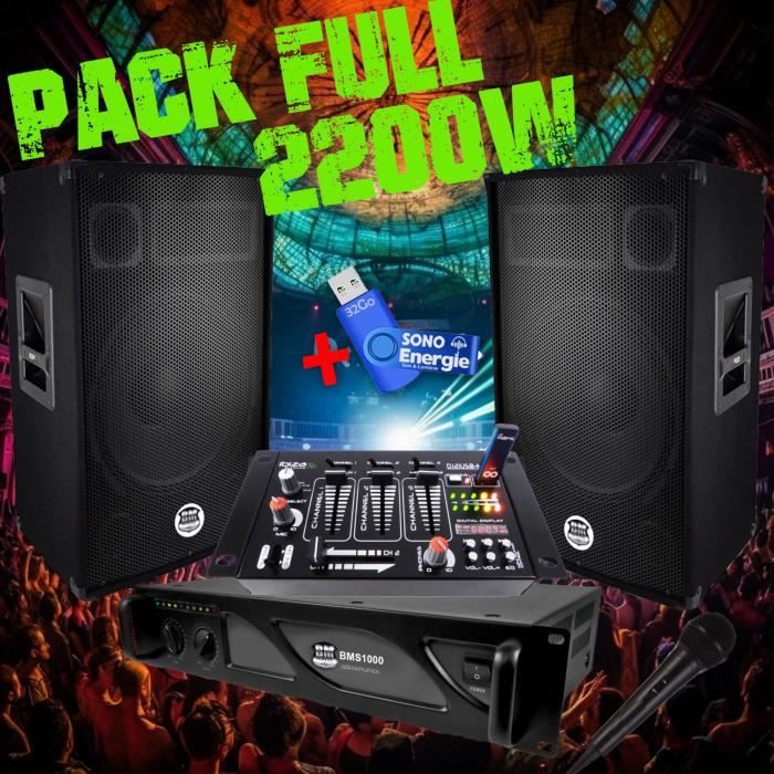 Pack Sono ampli 1000W+ enceintes 2x600W + Table de mixage+ Clé USB 32G