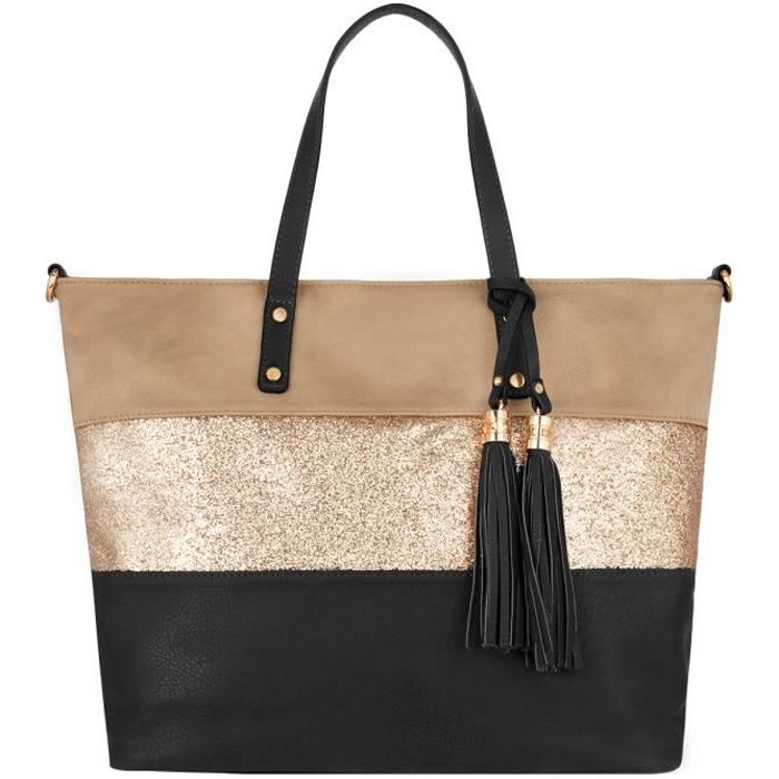 crazychic - grand sac à main paillette femme - sac epaule shopping cuir pu multicolore - cabas fourre-tout tendance chic - noir