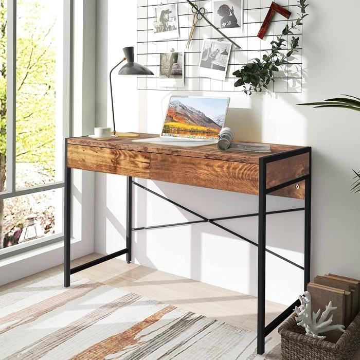giantex bureau informatique avec 2 tiroirs en bois,cadre en fer, pieds réglables,bureau/table d'ordinateur, style industriel
