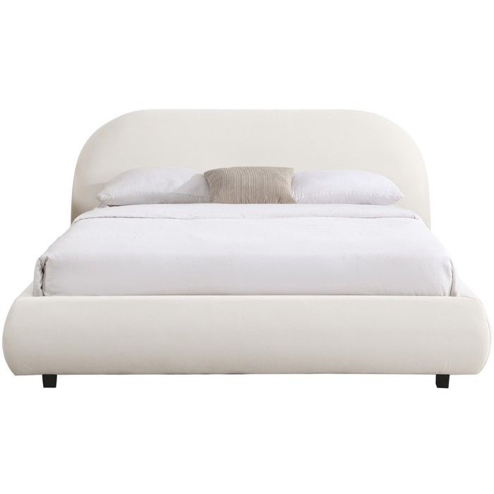 Lit adulte 160x200 cm avec sommier et tête de lit matelassée en velours beige - Maddie Lit adulte 160x200 cm avec sommier et tête de lit matelassée en velours beige - Maddie