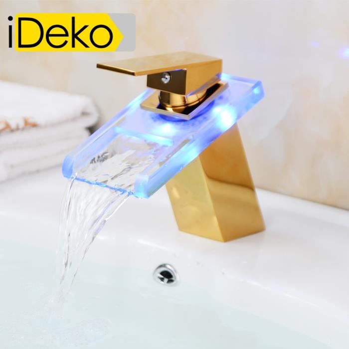 Ideko Robinet Mitigeur Lavabo Cascade En Verre Led 3 Couleurs