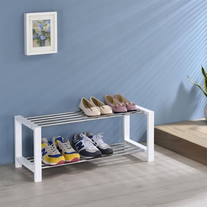 etagère à chaussures - idimex - arina - 2 étagères - blanc - bois massif - 80 x 32 x 30 cm