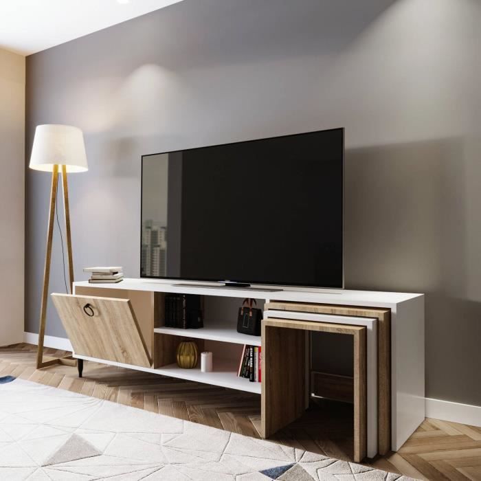 meuble tv combiné table gigogne aptare 180cm panneau bois blanc