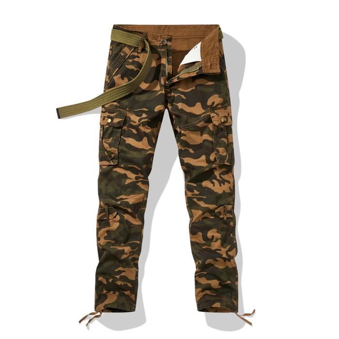 Pantalon Cargo Homme Camouflage Militaire en Coton Multi-Poches Coupe Droite - Jaune
