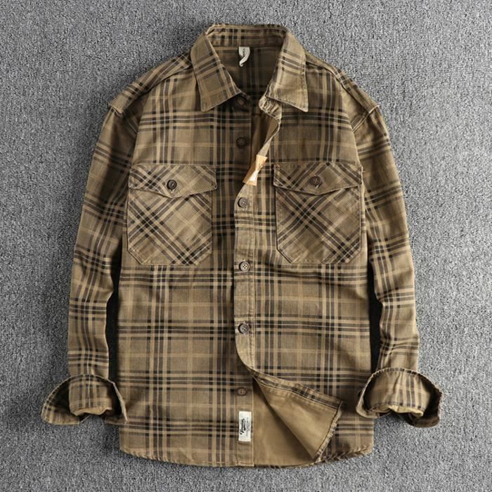 Chemise Homme Vintage - Gris à Carreaux - Coton - Manches Longues - Taille M
