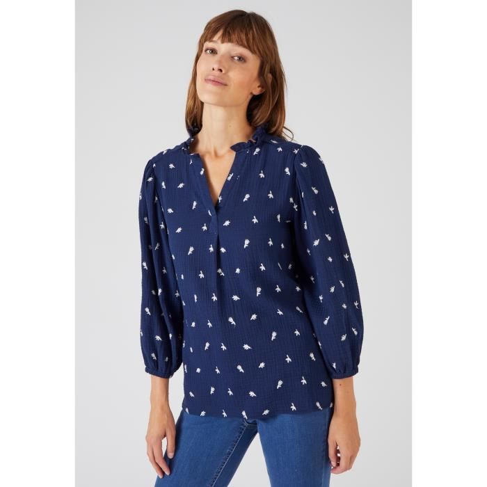 Tunique Damart Blouse gaze de coton brodee Manches trois quart Bleu marine Femme Bleu marine Cdiscount Pret a Porter