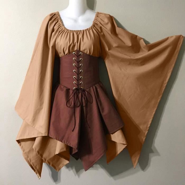 Costume Médiéval Femme BuzzoXerex – Robe Gothique Avec Capuche, Corset, Ceinture, Bas Noirs, Oreilles D’elfe – Pour Halloween, Carnaval, Fête Médiévale