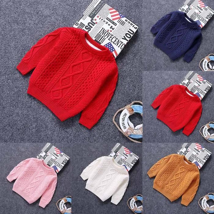 Pull chaud en tricot pour garçon, couleur unie, manches longues, col rond, pull pour tout-petit, vêtements d'automne, Brun