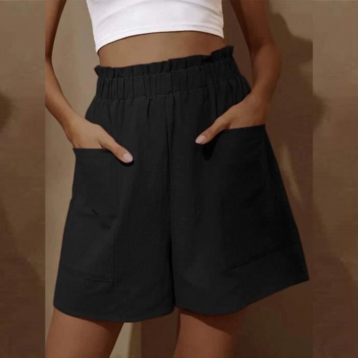 Femmes Mode Solide Coton Lin Élastique Pokets Shorts Casual Pantalon Large Noir