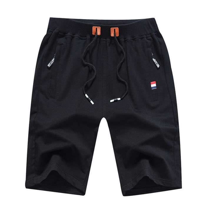 Short Homme, Short Sport Homme Coton avec Poches Zippées et cordon de serrage, Short Running Homme Été, Bermuda Homme, Noir