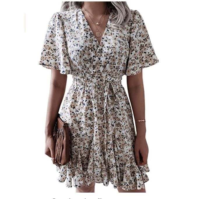 Femme Ete Robe Courte en Mousseline de Soie Femmes Plage Robe Patineuse Robe a Manches Courtes a Imprime Fleuri et Col.Taille M. Beige Cdiscount Pret a Porter