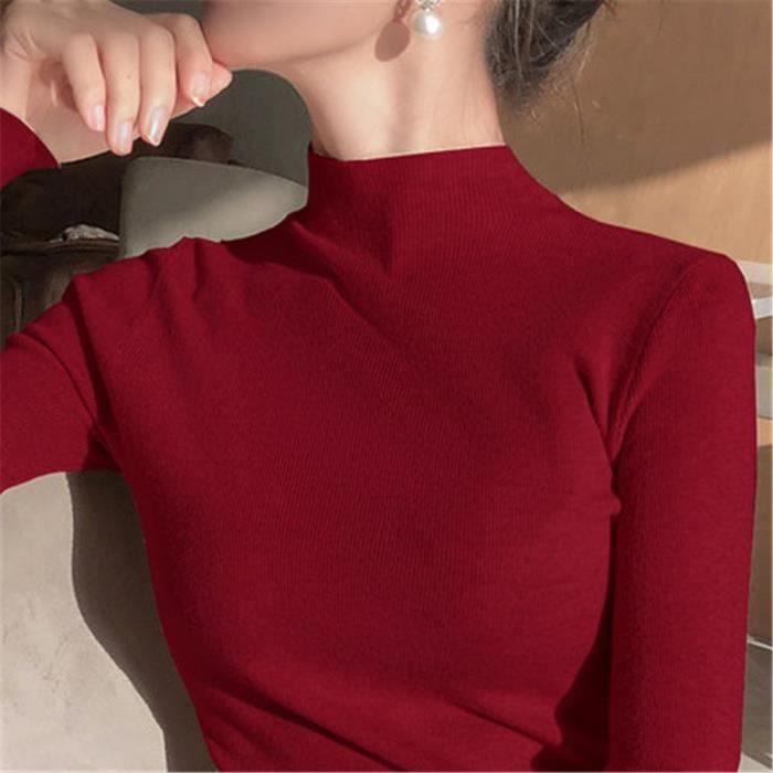 Pull Pull tricote a col roule pour femme Slim bon marche printemps automne 2020 Bourgogne D Blanc Cdiscount Pret a Porter
